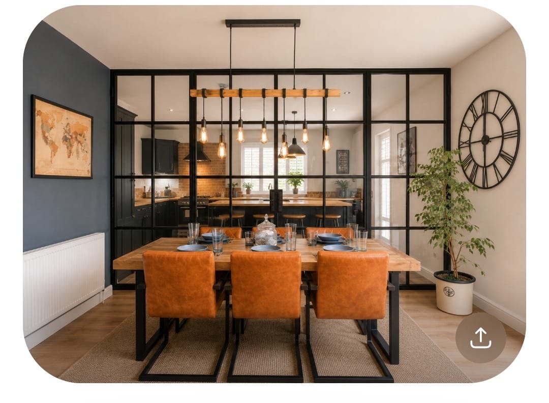 Crittall-style glass wall dividing a kitchen and dining room